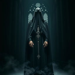 A dark cleric dressed in a flowing black cloak, with a mysterious veil covering their face
