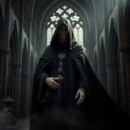 A dark cleric dressed in a flowing black cloak, with a mysterious veil covering their face