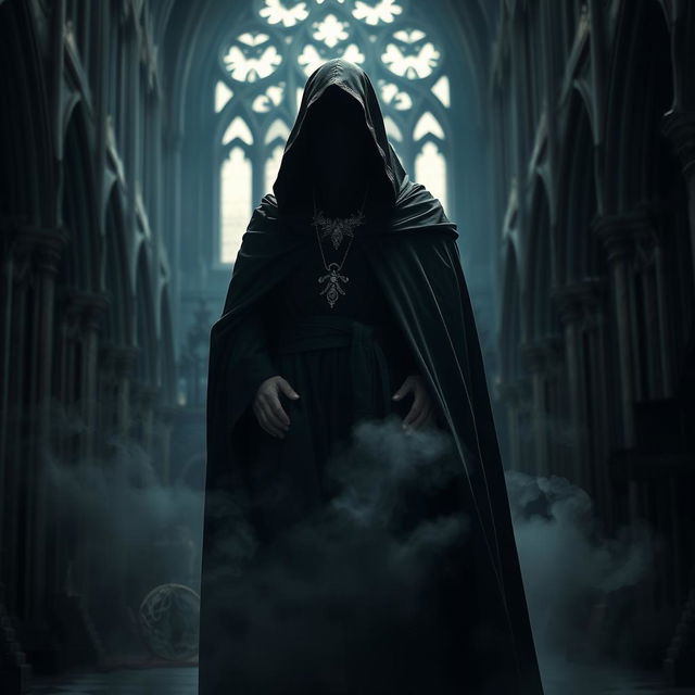 A dark cleric dressed in a flowing black cloak, with a mysterious veil covering their face