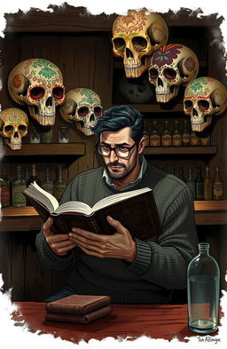 A detailed illustration of a man sitting at a bar, deeply engrossed in reading a large book