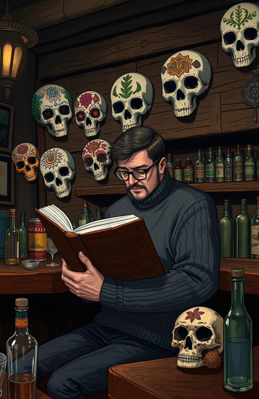 A detailed illustration of a man sitting at a bar, deeply engrossed in reading a large book