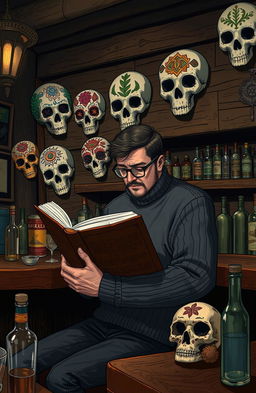 A detailed illustration of a man sitting at a bar, deeply engrossed in reading a large book