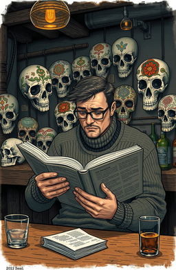 A detailed illustration of a man sitting at a bar, deeply engrossed in reading a large book