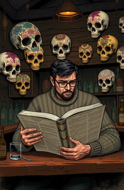 A detailed illustration of a man sitting at a bar, deeply engrossed in reading a large book