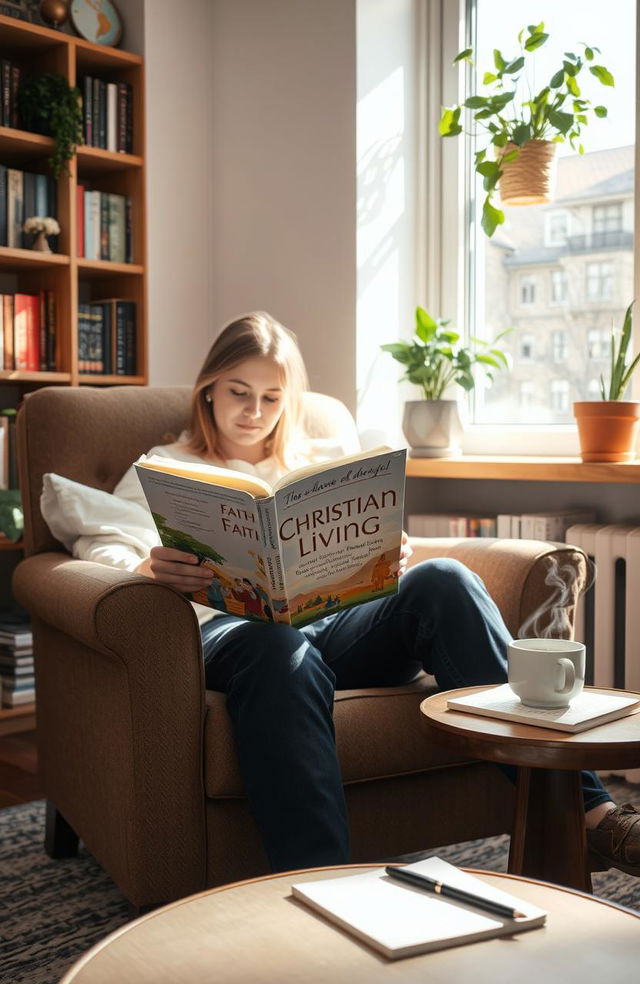 A cozy living room scene featuring a person sitting on a comfortable armchair, deeply engrossed in reading a Christian living book