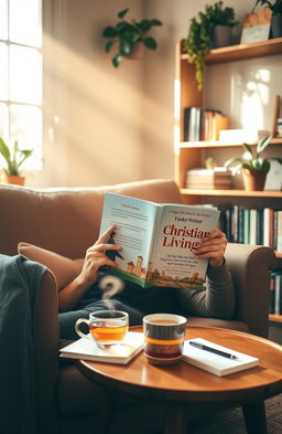 A cozy living room scene featuring a person sitting on a comfortable armchair, deeply engrossed in reading a Christian living book