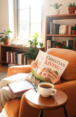 A cozy living room scene featuring a person sitting on a comfortable armchair, deeply engrossed in reading a Christian living book