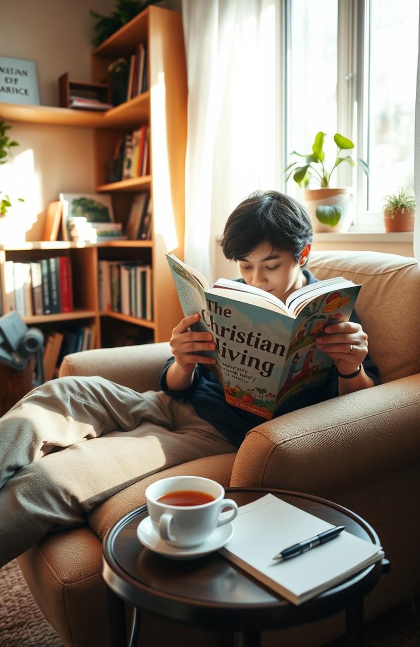 A cozy living room scene featuring a person sitting on a comfortable armchair, deeply engrossed in reading a Christian living book