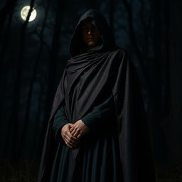 A mysterious figure wearing a flowing 3/4 cloak that elegantly falls over their shoulders, partially obscuring their face