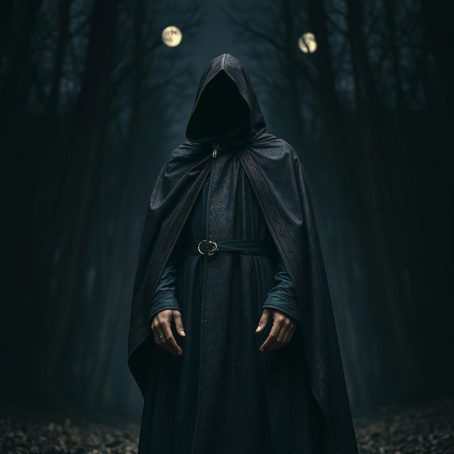 A mysterious figure wearing a flowing 3/4 cloak that elegantly falls over their shoulders, partially obscuring their face