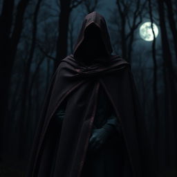 A mysterious figure wearing a flowing 3/4 cloak that elegantly falls over their shoulders, partially obscuring their face