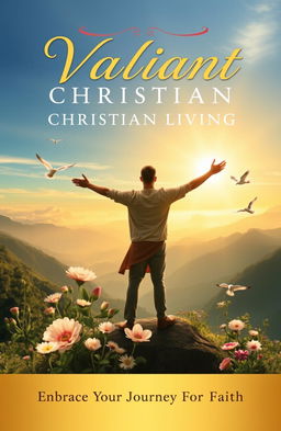 A beautifully designed cover for a book titled 'Valiant Christian Living' featuring a majestic landscape with a sunrise, symbolizing hope and renewal