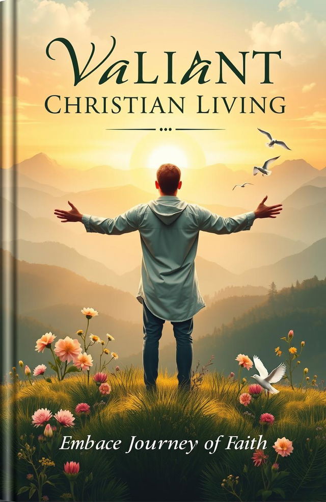 A beautifully designed cover for a book titled 'Valiant Christian Living' featuring a majestic landscape with a sunrise, symbolizing hope and renewal