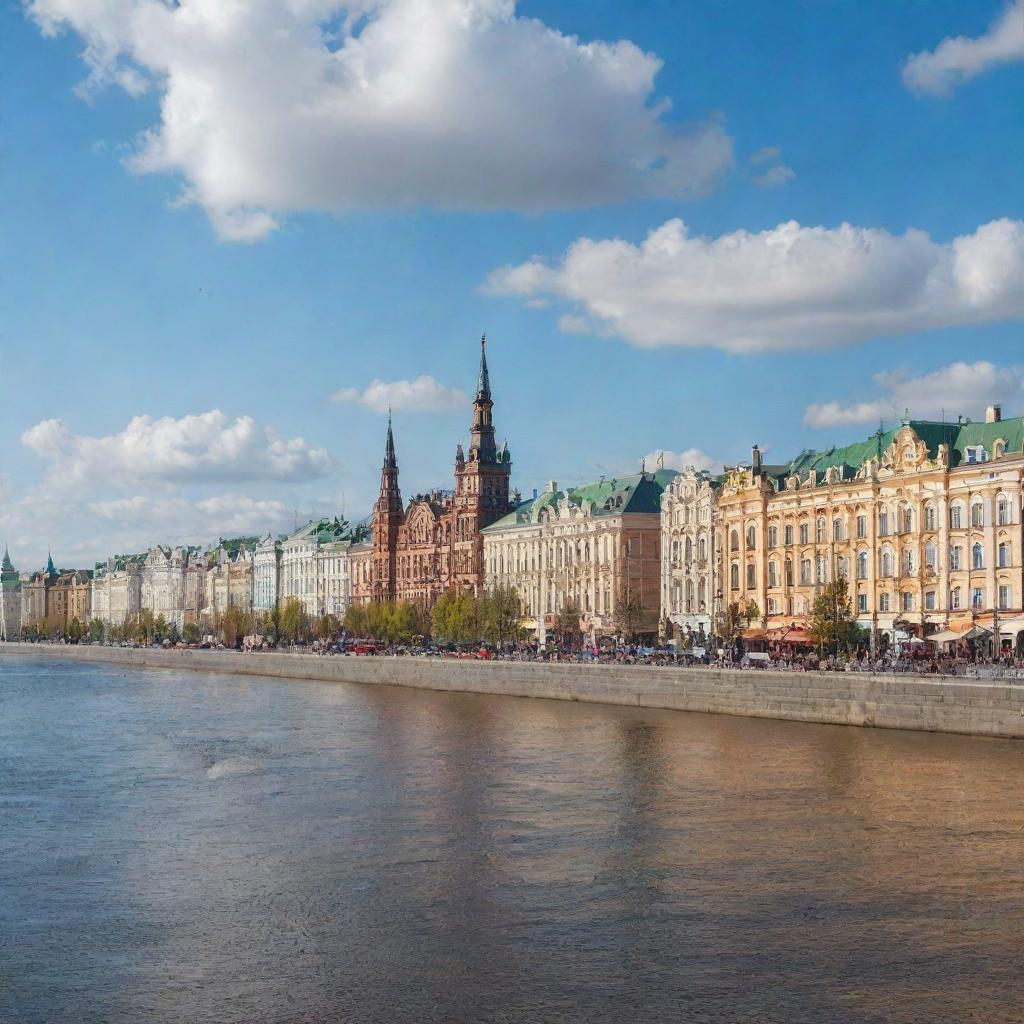 A detailed, picturesque scene of the city center in Yoshkar-Ola, Russia, showcasing its unique architecture, vibrant streets, and the serene waterfront during a bright, sunny day.