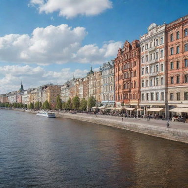 A detailed, picturesque scene of the city center in Yoshkar-Ola, Russia, showcasing its unique architecture, vibrant streets, and the serene waterfront during a bright, sunny day.