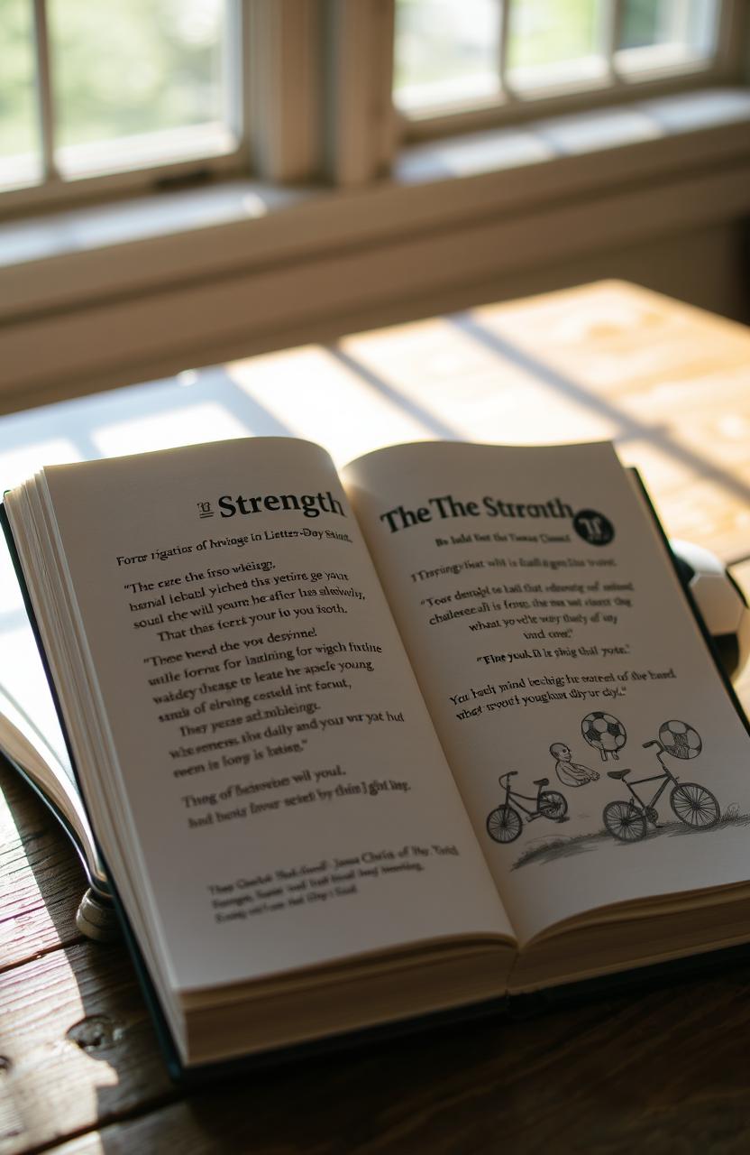 An open book titled 'The Strength of Youth' by the Church of Jesus Christ of Latter-day Saints, resting on a rustic wooden table