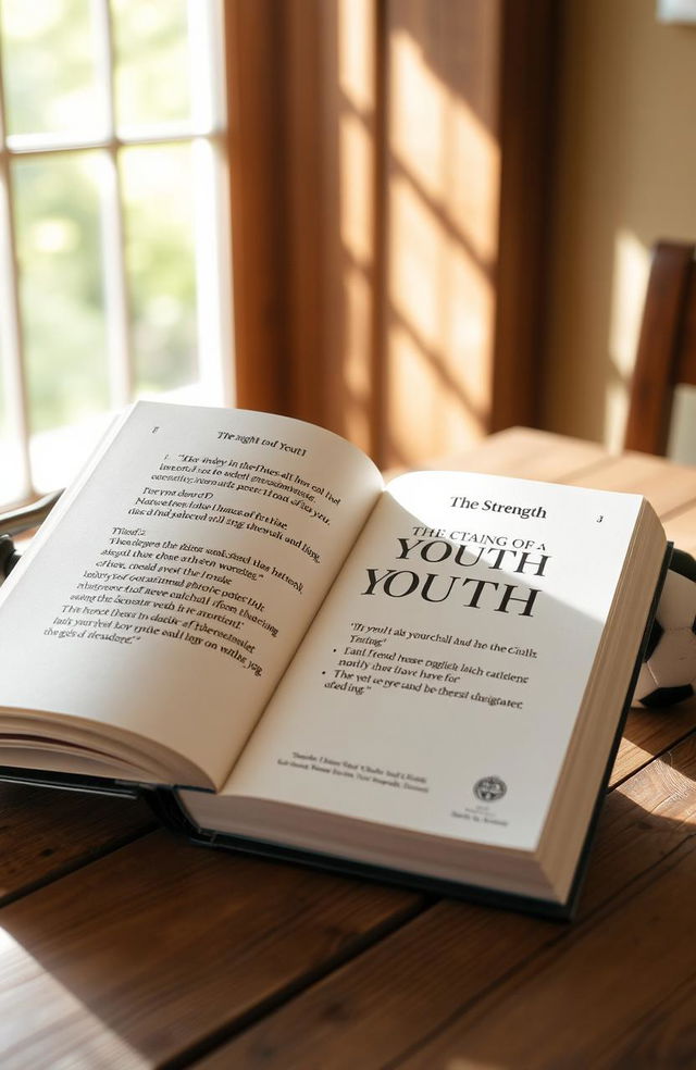 An open book titled 'The Strength of Youth' by the Church of Jesus Christ of Latter-day Saints, resting on a rustic wooden table