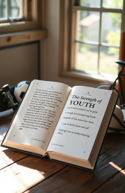 An open book titled 'The Strength of Youth' by the Church of Jesus Christ of Latter-day Saints, resting on a rustic wooden table