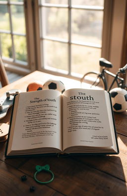 An open book titled 'The Strength of Youth' by the Church of Jesus Christ of Latter-day Saints, resting on a rustic wooden table