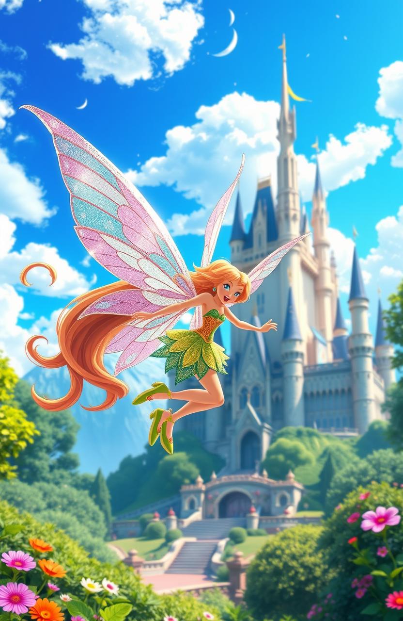 A vibrant scene featuring a Winx Club fairy original character (OC) soaring gracefully through the air near a majestic castle