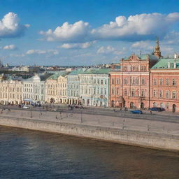 A detailed, picturesque scene of the city center in Yoshkar-Ola, Russia, showcasing its unique architecture, vibrant streets, and the serene waterfront during a bright, sunny day.