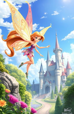 A vibrant scene featuring a Winx Club fairy original character (OC) soaring gracefully through the air near a majestic castle