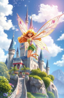 A vibrant scene featuring a Winx Club fairy original character (OC) soaring gracefully through the air near a majestic castle