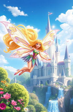 A vibrant scene featuring a Winx Club fairy original character (OC) soaring gracefully through the air near a majestic castle