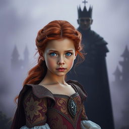 A striking image of an orphan with fiery red hair and captivating blue eyes in the foreground, reluctantly stepping into the role of a princess
