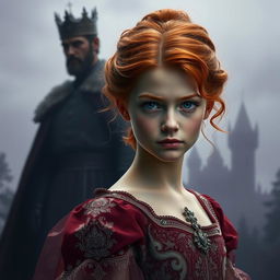 A striking image of an orphan with fiery red hair and captivating blue eyes in the foreground, reluctantly stepping into the role of a princess