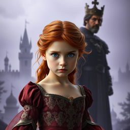 A striking image of an orphan with fiery red hair and captivating blue eyes in the foreground, reluctantly stepping into the role of a princess