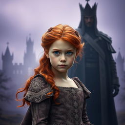 A striking image of an orphan with fiery red hair and captivating blue eyes in the foreground, reluctantly stepping into the role of a princess