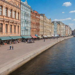 A detailed, picturesque scene of the city center in Yoshkar-Ola, Russia, showcasing its unique architecture, vibrant streets, and the serene waterfront during a bright, sunny day.