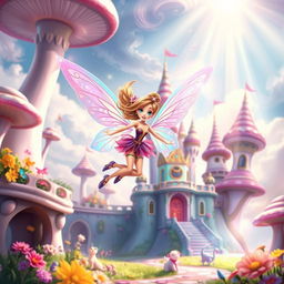 A whimsical scene depicting a Winx Club fairy original character (OC) flying joyfully around a fantastical Wonderland castle