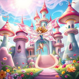 A whimsical scene depicting a Winx Club fairy original character (OC) flying joyfully around a fantastical Wonderland castle