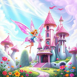 A whimsical scene depicting a Winx Club fairy original character (OC) flying joyfully around a fantastical Wonderland castle