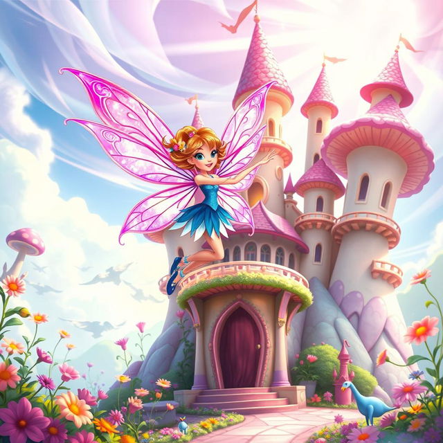 A whimsical scene depicting a Winx Club fairy original character (OC) flying joyfully around a fantastical Wonderland castle