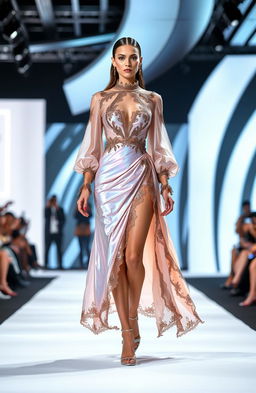 A high-fashion designer outfit showcased on a runway, featuring a stunning model wearing a luxurious, intricate dress made from flowing, iridescent fabric