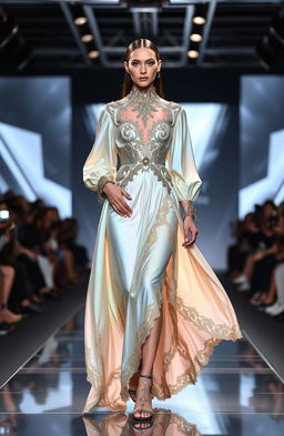 A high-fashion designer outfit showcased on a runway, featuring a stunning model wearing a luxurious, intricate dress made from flowing, iridescent fabric