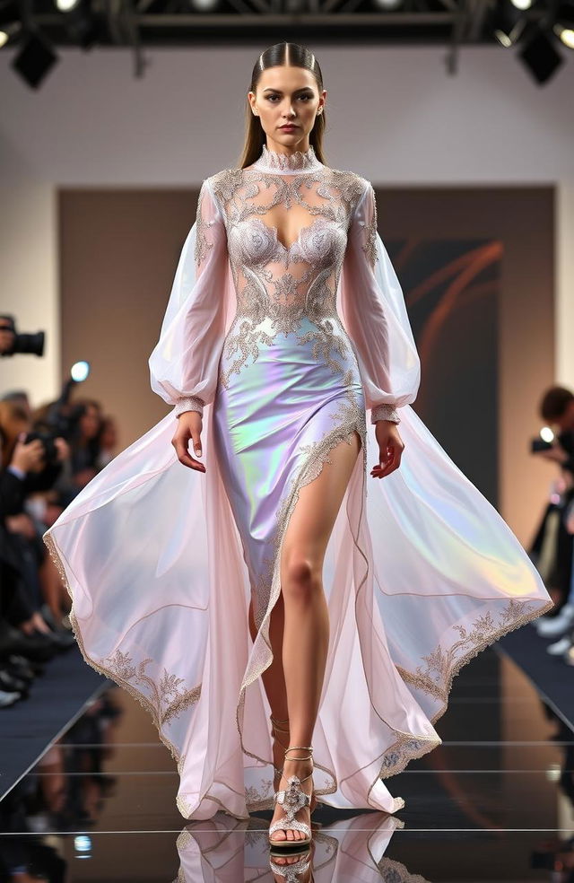 A high-fashion designer outfit showcased on a runway, featuring a stunning model wearing a luxurious, intricate dress made from flowing, iridescent fabric