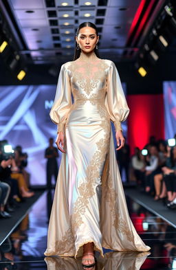 A high-fashion designer outfit showcased on a runway, featuring a stunning model wearing a luxurious, intricate dress made from flowing, iridescent fabric