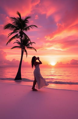 A romantic scene depicting a couple enjoying a sunset on a serene beach, their silhouettes gently kissing as the sun sets on the horizon, with vibrant orange, pink, and purple skies reflected on the calm ocean