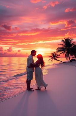 A romantic scene depicting a couple enjoying a sunset on a serene beach, their silhouettes gently kissing as the sun sets on the horizon, with vibrant orange, pink, and purple skies reflected on the calm ocean