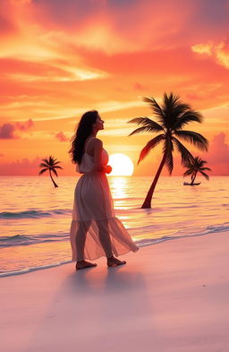A romantic scene depicting a couple enjoying a sunset on a serene beach, their silhouettes gently kissing as the sun sets on the horizon, with vibrant orange, pink, and purple skies reflected on the calm ocean