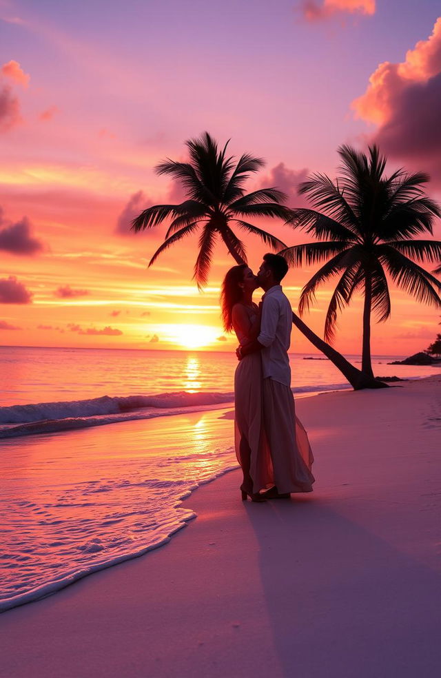 A romantic scene depicting a couple enjoying a sunset on a serene beach, their silhouettes gently kissing as the sun sets on the horizon, with vibrant orange, pink, and purple skies reflected on the calm ocean