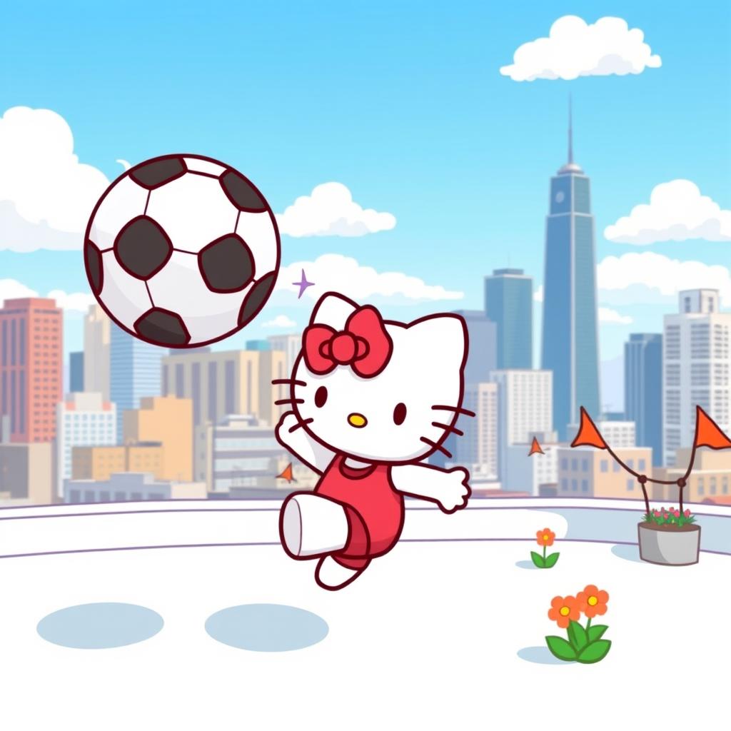 A cute depiction of Hello Kitty on a rooftop, playfully kicking a soccer ball