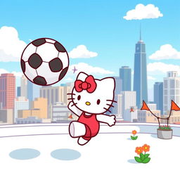 A cute depiction of Hello Kitty on a rooftop, playfully kicking a soccer ball