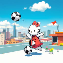 A cute depiction of Hello Kitty on a rooftop, playfully kicking a soccer ball