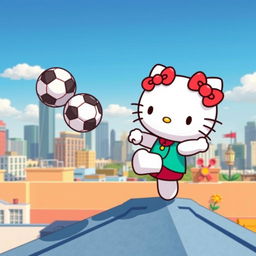 A cute depiction of Hello Kitty on a rooftop, playfully kicking a soccer ball