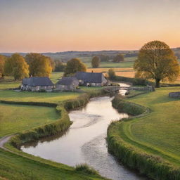 A serene rural setting at sunset with small cottages, golden fields, winding river, groves of trees, and a cobblestone bridge.